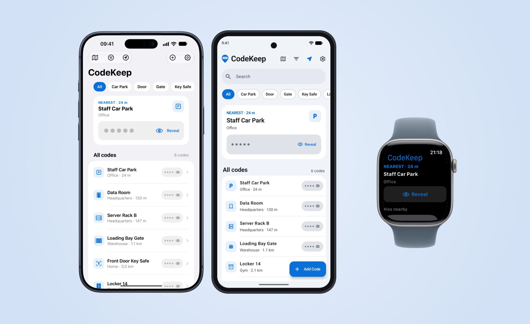 CodeKeep on iPhone, Android, and Apple Watch, with the nearest code at the top of the list