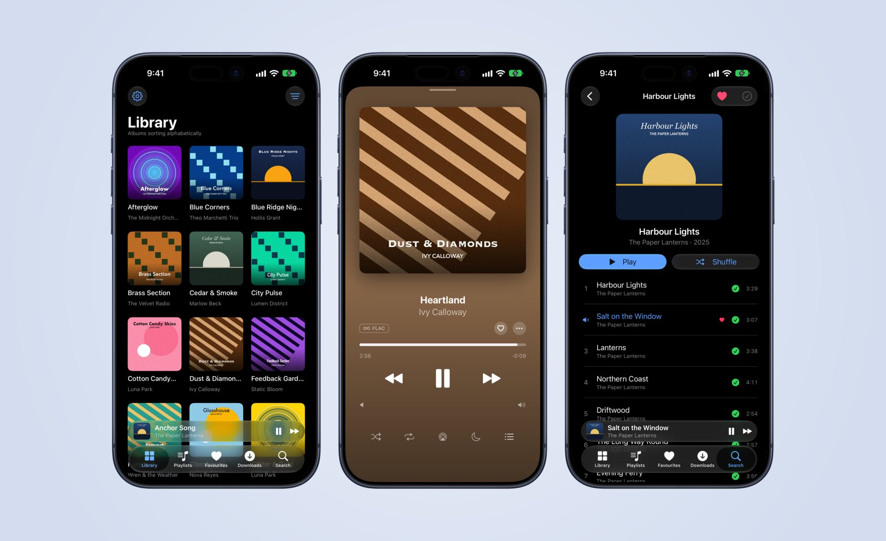 Dromify on iPhone: the album library, Now Playing, and an album's track list